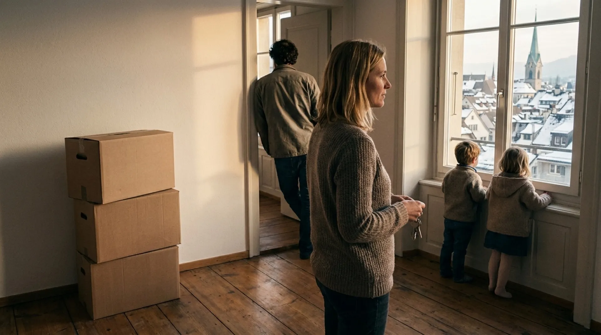 A family arriving in their new Swiss apartment, keys in hand