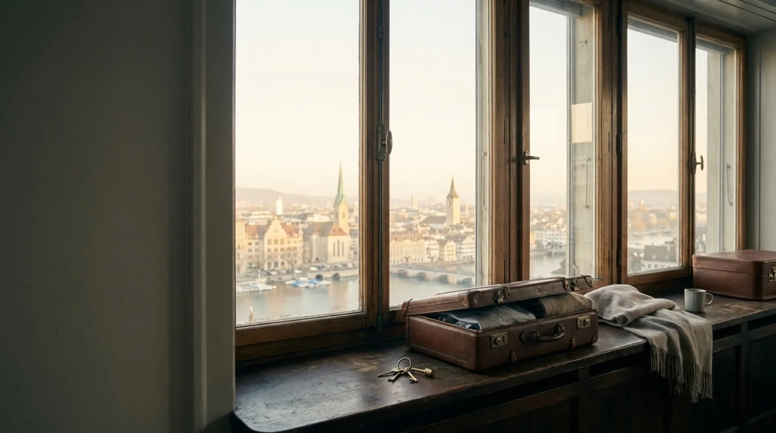 Keys resting on a signed rental contract by a window over Zurich