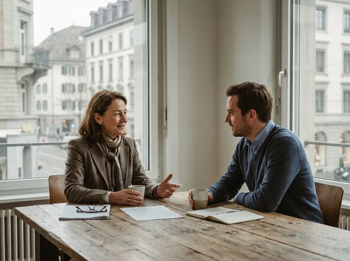 An experienced Swiss relocation consultant in conversation with a client